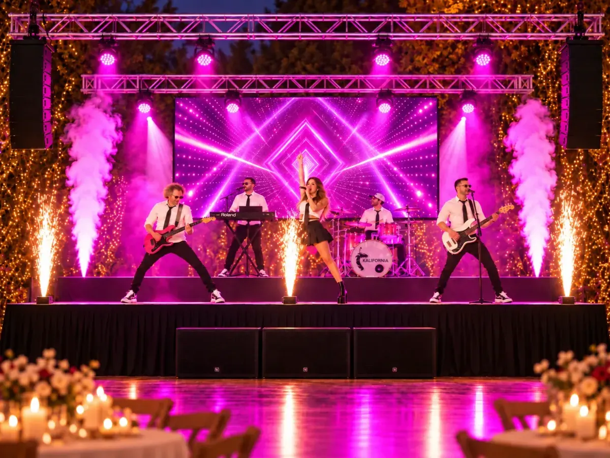 Orquesta Kalifornia en formato quinteto sobre el escenario de una boda